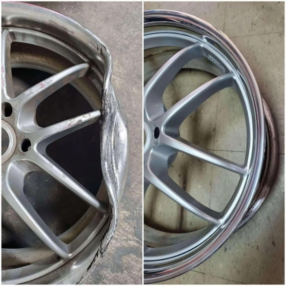 Damaged and repaired silver car wheel rim shown side by side on a concrete floor