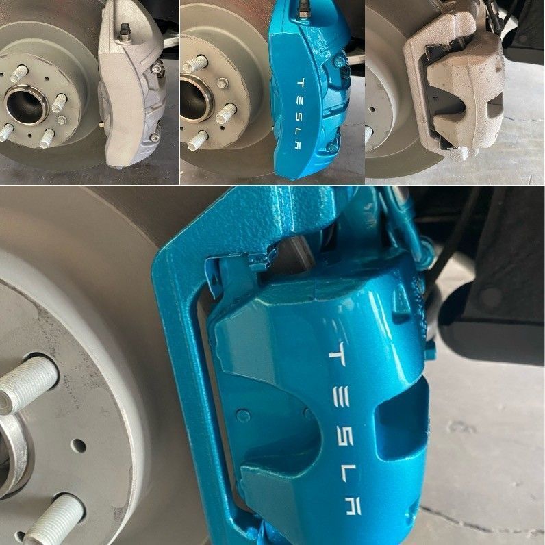Blue Tesla brake caliper fitted to a wheel hub, shown in close-up with before-and-after views.