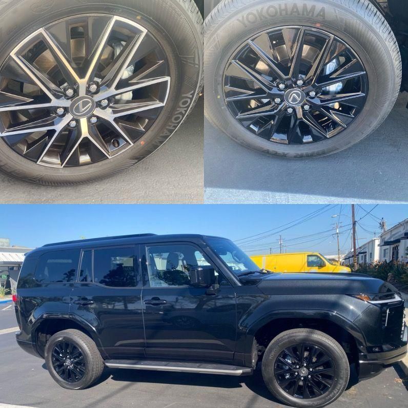Black SUV with custom black rims, shown in side view on a sunny street; close-up of matching wheels above.
