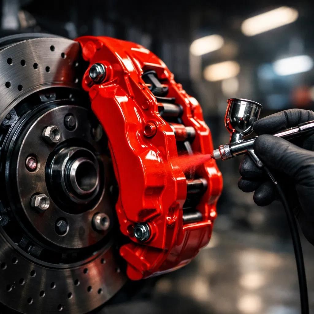 Red brake caliper being painted with a spray gun on a car brake rotor in a workshop
