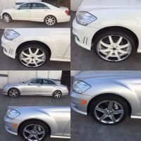 Collage of a silver sedan with different wheel and front bumper close-up views