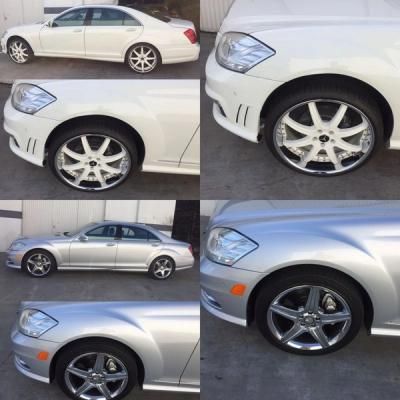 Silver sedan with before-and-after wheel upgrades, showing chrome and dark alloy rims in a collage.