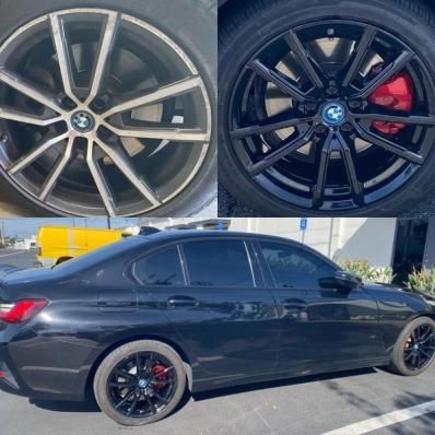 Black sedan with tinted windows and black aftermarket rims, shown beside close-up shots of BMW wheels and red brakes