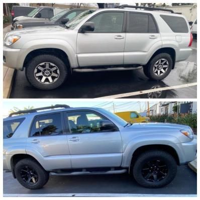 Side-by-side comparison of two silver SUVs, one with stock tires and one lifted with black wheels.