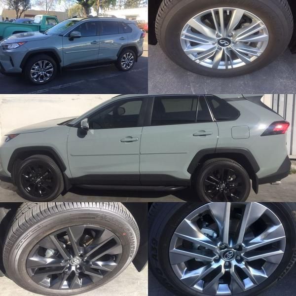 Collage of a light green SUV with black rims and close-up shots of its wheels and silver alloy rims