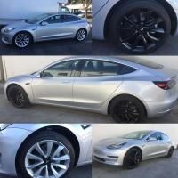 Silver Tesla Model 3 collage with side views and close-ups of black wheels