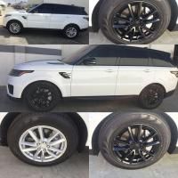 Collage of a white SUV from the side with different black and silver wheel designs on a gray background