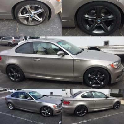 Silver BMW coupe with black wheels shown from multiple angles in a car lot