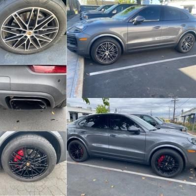 Collage of a gray SUV with different wheel and brake upgrades, plus exhaust close-ups in a parking lot