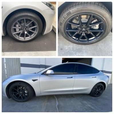 Silver sedan with black wheels shown in side view and close-ups of the rims