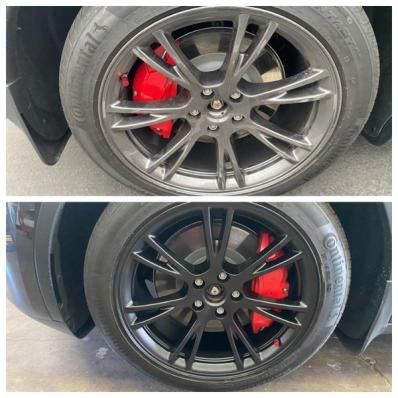 Two car wheels with black rims and red brake calipers, shown in a side-by-side comparison.