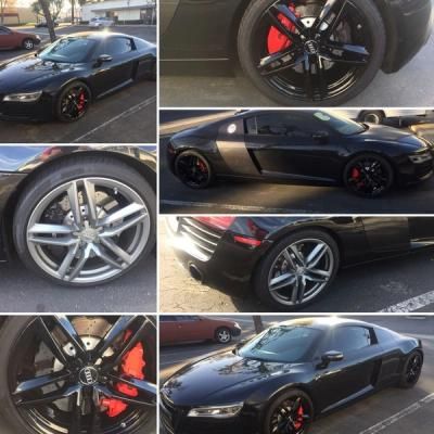 Collage of a black sports coupe with custom wheels, red brake calipers, and sleek side and front views
