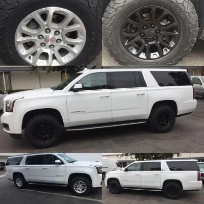 White SUV with black wheels shown in side and rear views, plus close-up wheel detail.