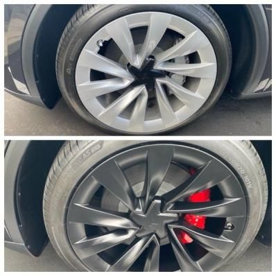 Split image of a car wheel: silver wheel cover above, black wheel with red brake caliper below.