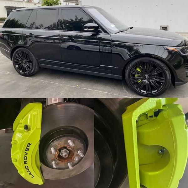 Black Range Rover SUV on a lot, with close-up of neon yellow brake caliper and wheel detail below