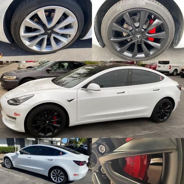 White Tesla Model 3 with black wheels and red brake calipers, shown in a multi-angle car collage.