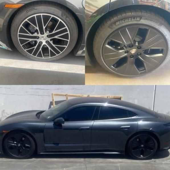 Black sports coupe with custom black rims shown in side view, plus two close-ups of the wheels.