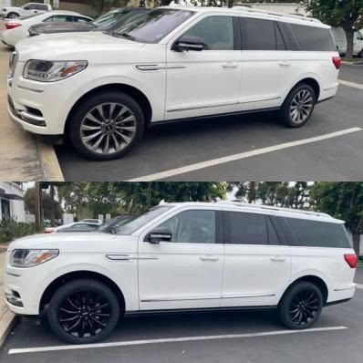Side view of a white SUV shown in two photos, with silver wheels above and black wheels below, parked outdoors.