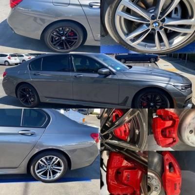 Gray sports sedan collage showing black wheels and red brake calipers from side, wheel, and brake close-ups