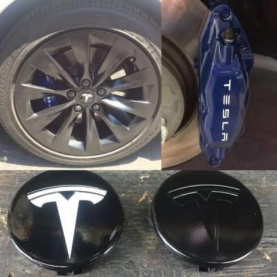 Tesla wheel, blue brake caliper, and Tesla logo emblems shown in a four-panel collage.