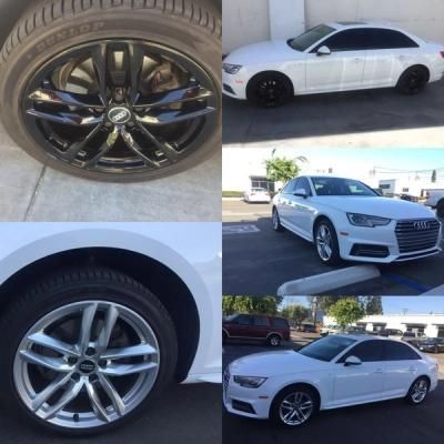 Collage of a white Audi sedan with different wheel and angle views in a parking area