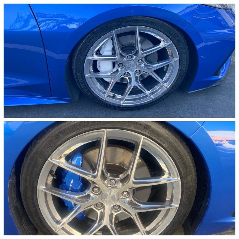 Blue sports car wheel with silver alloy rims, shown in two close-up views.