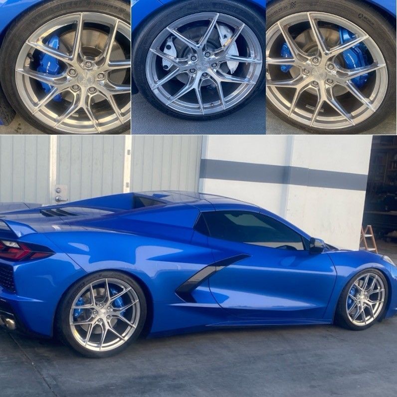 Blue sports car with silver rims and blue brake calipers, shown in side view with wheel close-ups above