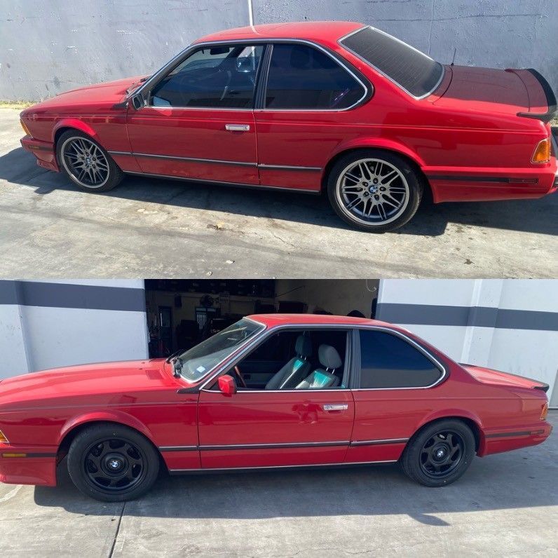 Side-by-side red coupe photos showing aftermarket wheels in the top image and black wheels in the bottom.