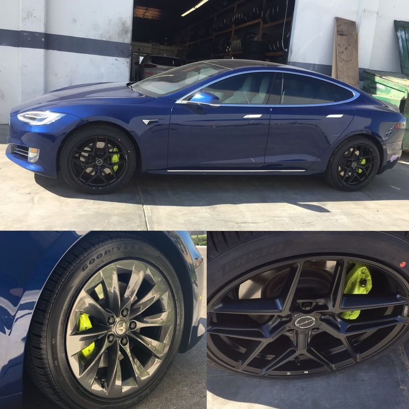 Blue Tesla sedan in a garage, with side, wheel, and interior views shown in a three-panel collage