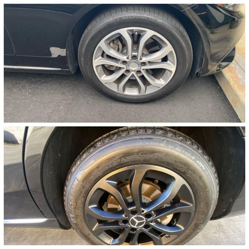 Two close-up car wheel photos comparing a silver rim and a black rim on a black vehicle.