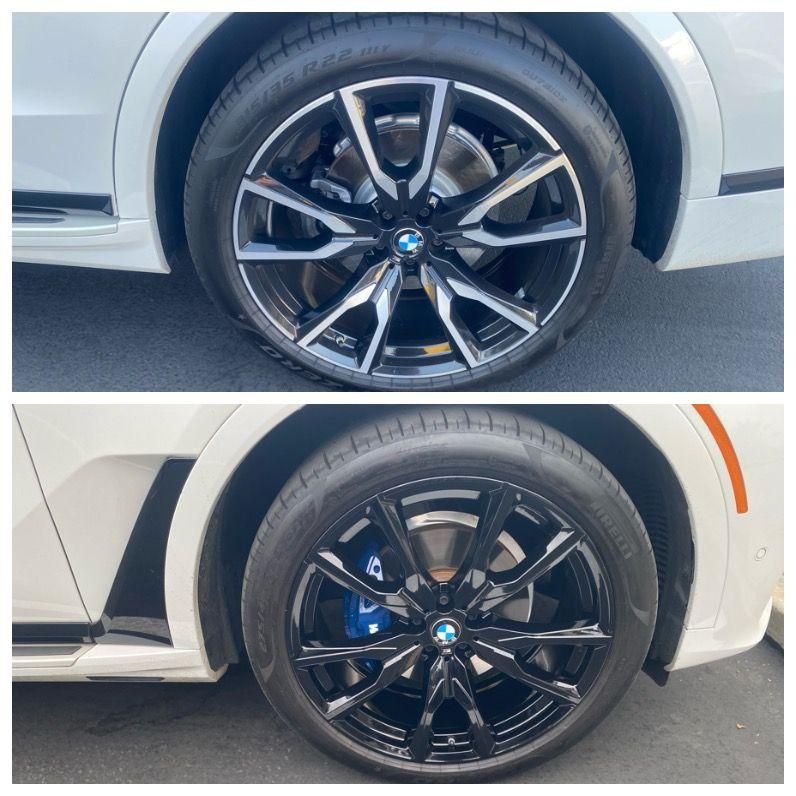 Two BMW wheel photos, showing a silver SUV with black alloy rims and blue brake calipers