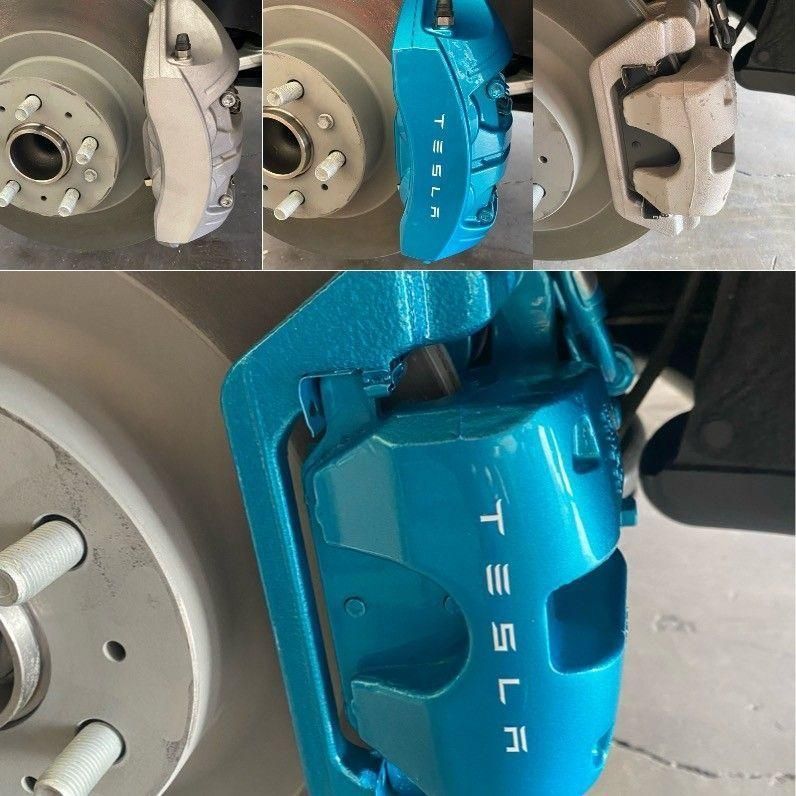 Blue Tesla brake caliper shown installed behind a wheel in a four-panel close-up montage