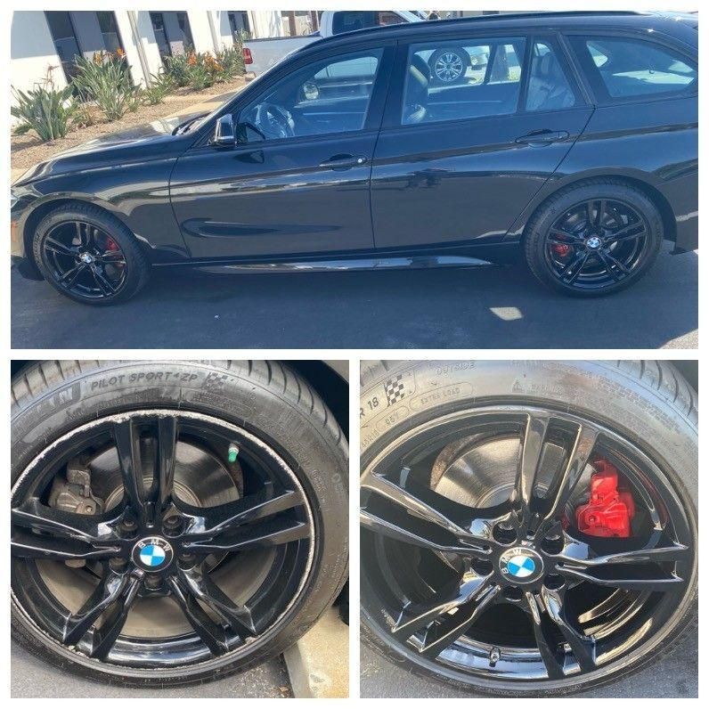 Black BMW sedan with glossy black wheels; close-ups show front brake caliper and wheel detail.