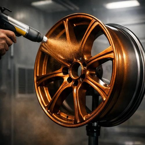 Spray painting a bronze car wheel rim in a workshop