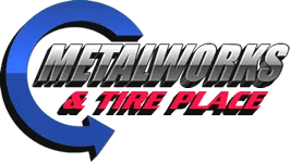 Metalmworks Tire Place logo with a blue circular arrow and black, silver, and red text