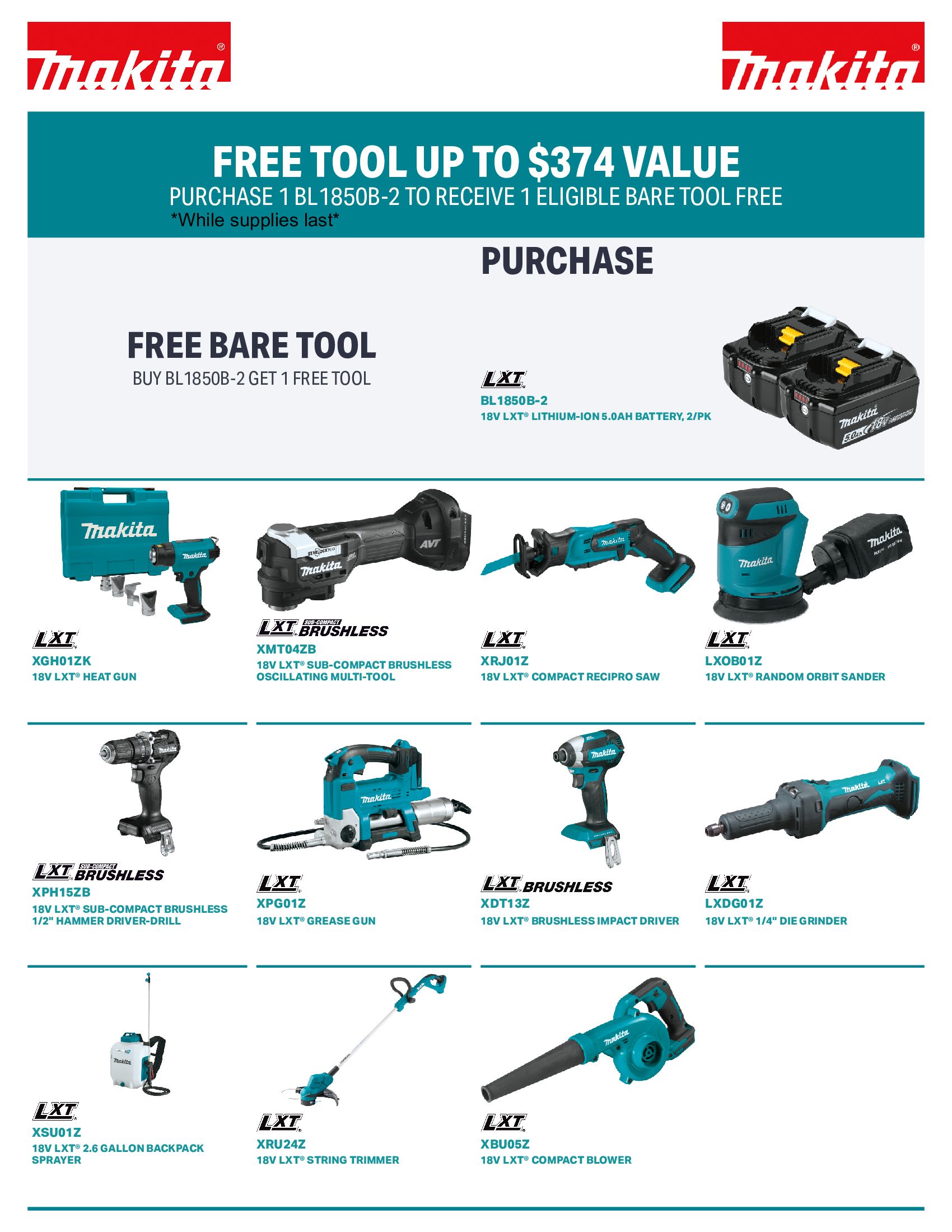 Makita tools promotion: Buy and get a free tool worth up to $374. Various tools shown with teal and black colors.