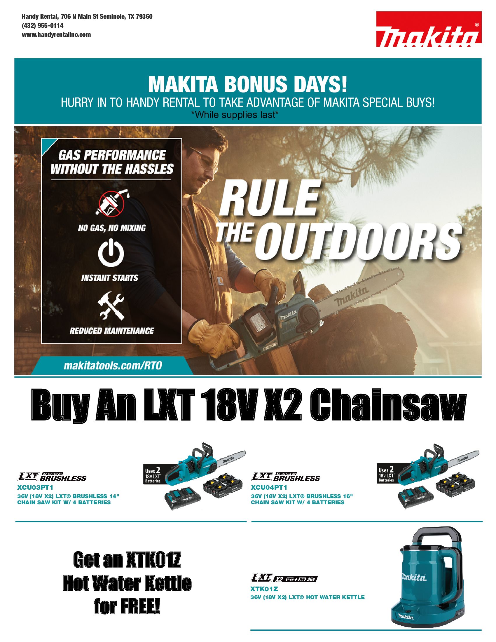 Makita advertisement: man with chainsaw, 