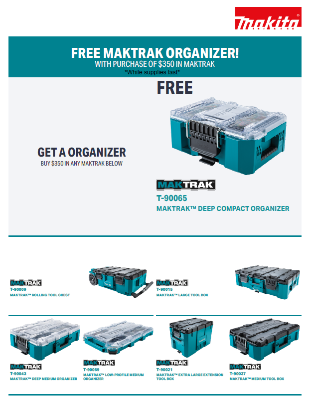 Makita tools promotion: Buy and get a free tool worth up to $374. Various tools shown with teal and black colors.