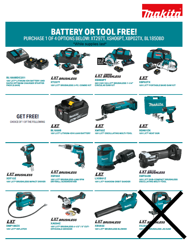 Makita promotion with power tools and batteries. Teal and black tools on white background.