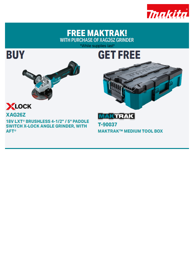 Makita promotion: Buy XAG252 angle grinder, get a free MakTrak medium tool box.