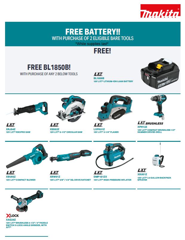 Makita tools promotion: buy two bare tools, get a free BL1850B battery. Tools include saws, drills, and more.