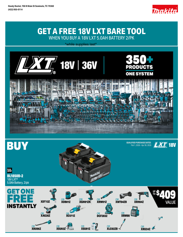 Makita tool promotion: Buy a battery, get a free bare tool. Tools and batteries in blue, black, and white.