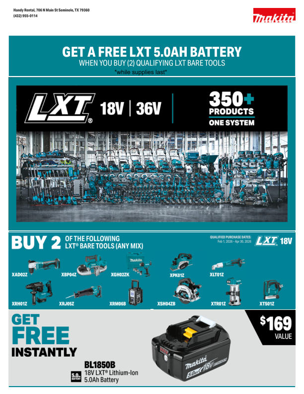 Makita promotion: Buy two LXT bare tools, get a free 5.0Ah battery (worth $169).