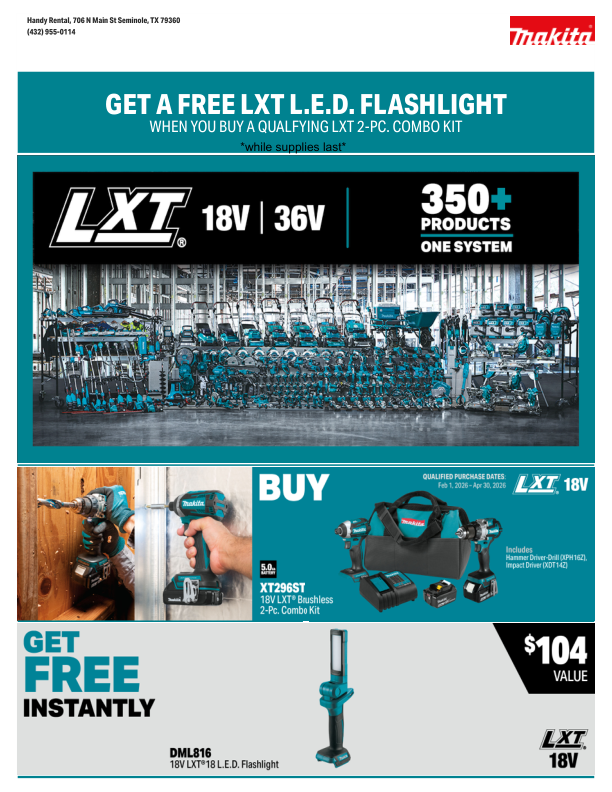 Makita promotion: Buy a qualifying LXT 2-pc. combo kit, get a free LED flashlight.