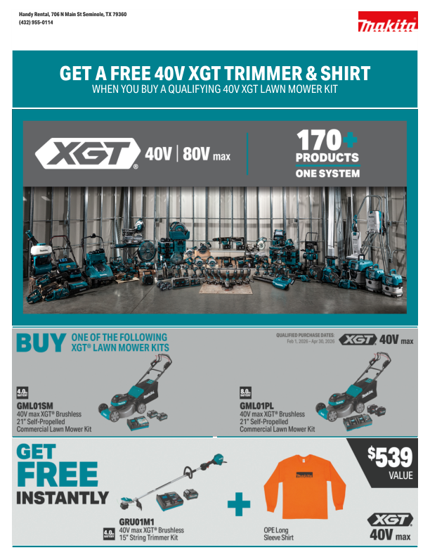 Makita promotion: Buy a 40V lawn mower kit and get a free trimmer and shirt.