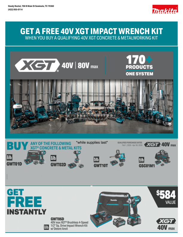 Makita promotion: Buy select 40V concrete & metalworking kits, get a free 40V XGT impact wrench kit.