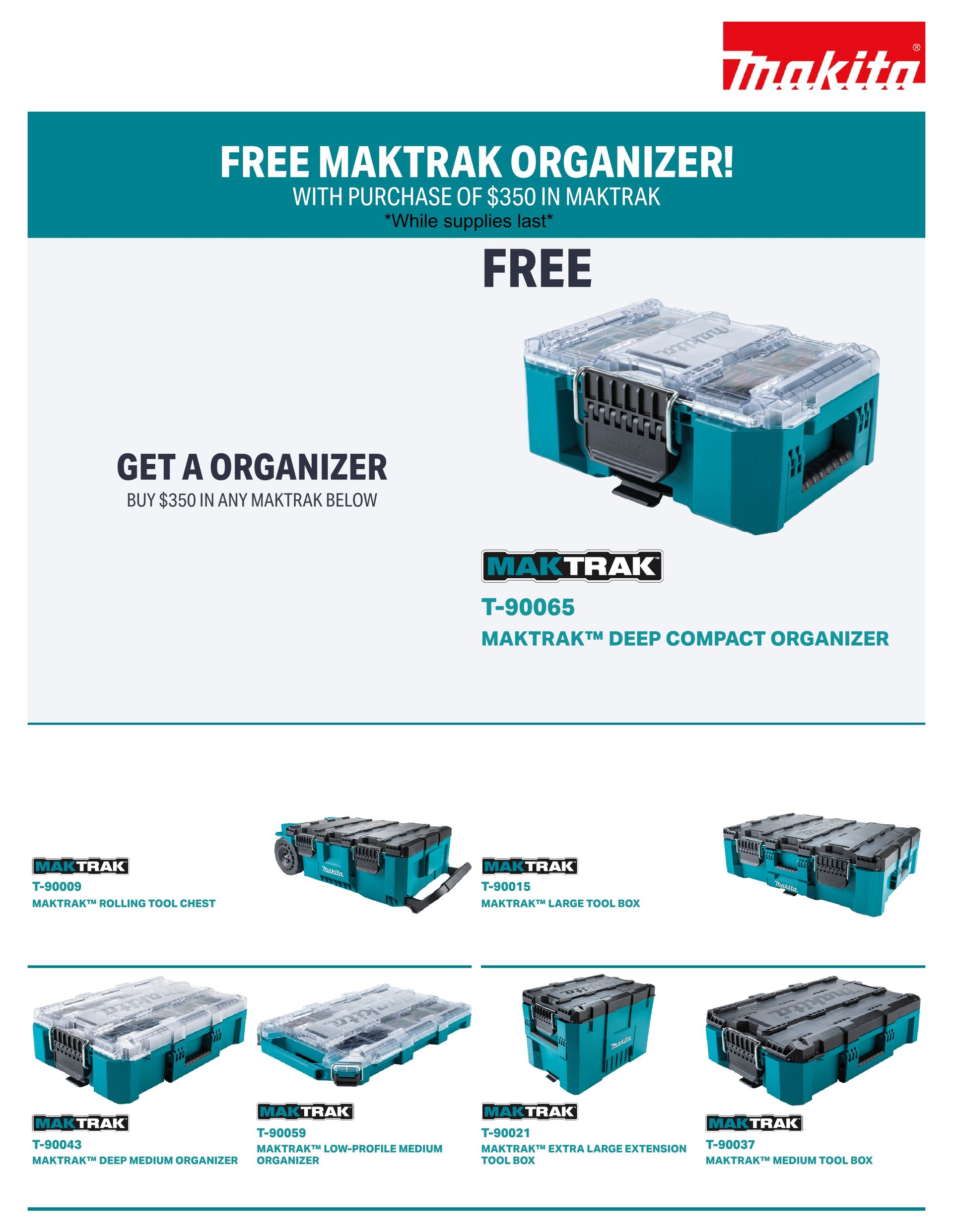 Makita promo for free Maktrak organizer with purchase, showing teal tool storage cases and organizer options