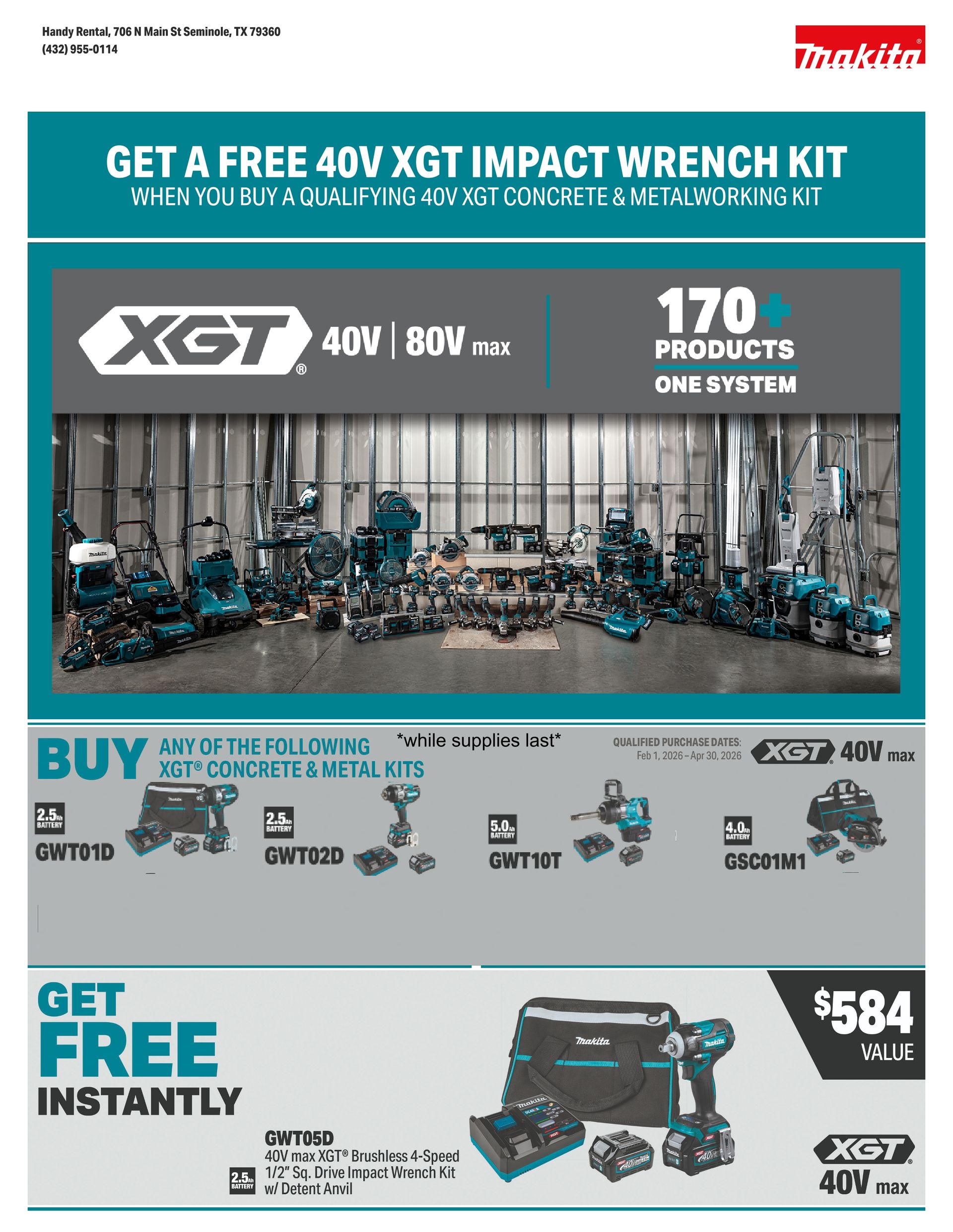XGT 40V power tools promotion with blue tool sets, 170 products, and $584 value offer