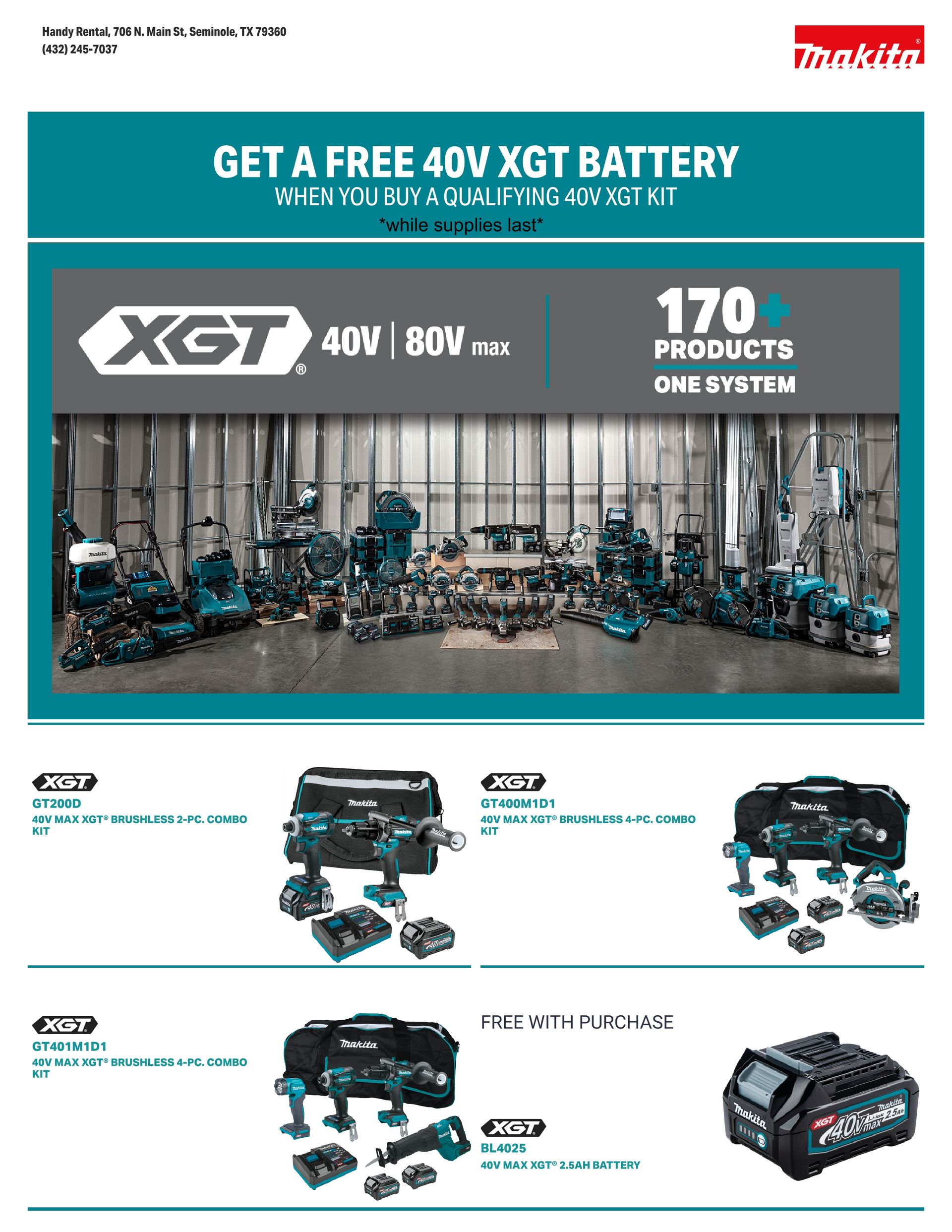 Promotional flyer for XGT 40V tools and battery, with product lineup and 170 compatible products.