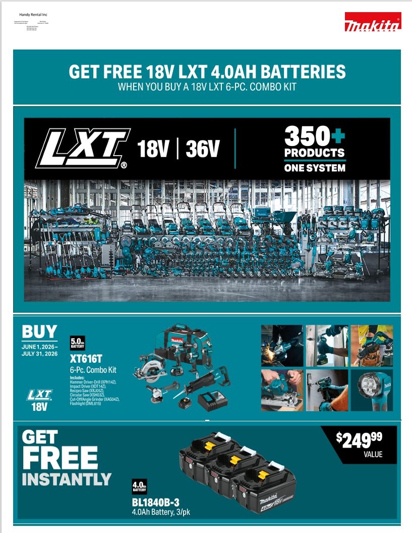Makita LXT promo ad with teal background, 18V/36V tools, 350+ products, and free 4.0Ah batteries offer